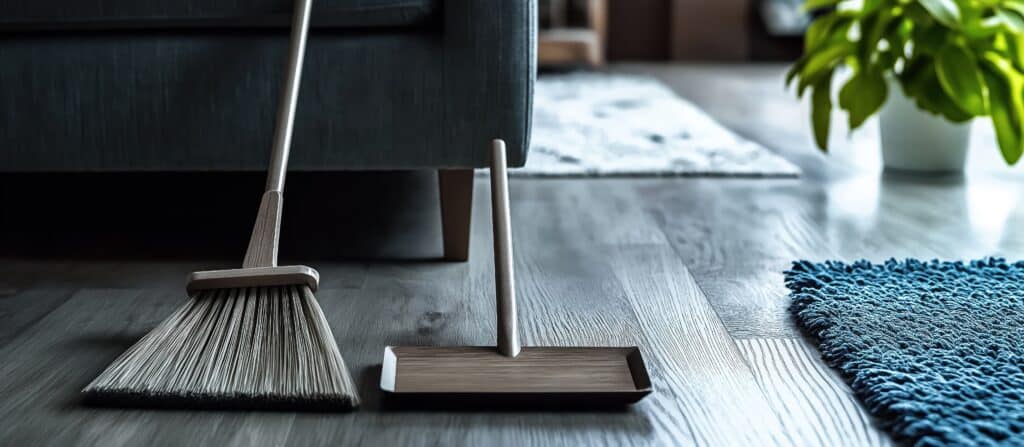 Balai et ramasse-poussière modernes en bois posés sur un plancher gris, près d'un canapé sombre et d'un tapis bleu texturé.