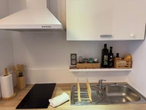 Petite cuisine moderne avec hotte, plaque induction noire, évier inox. Plan de travail bois, étagère avec épices et huiles. Ustensiles bois, essuie-tout.